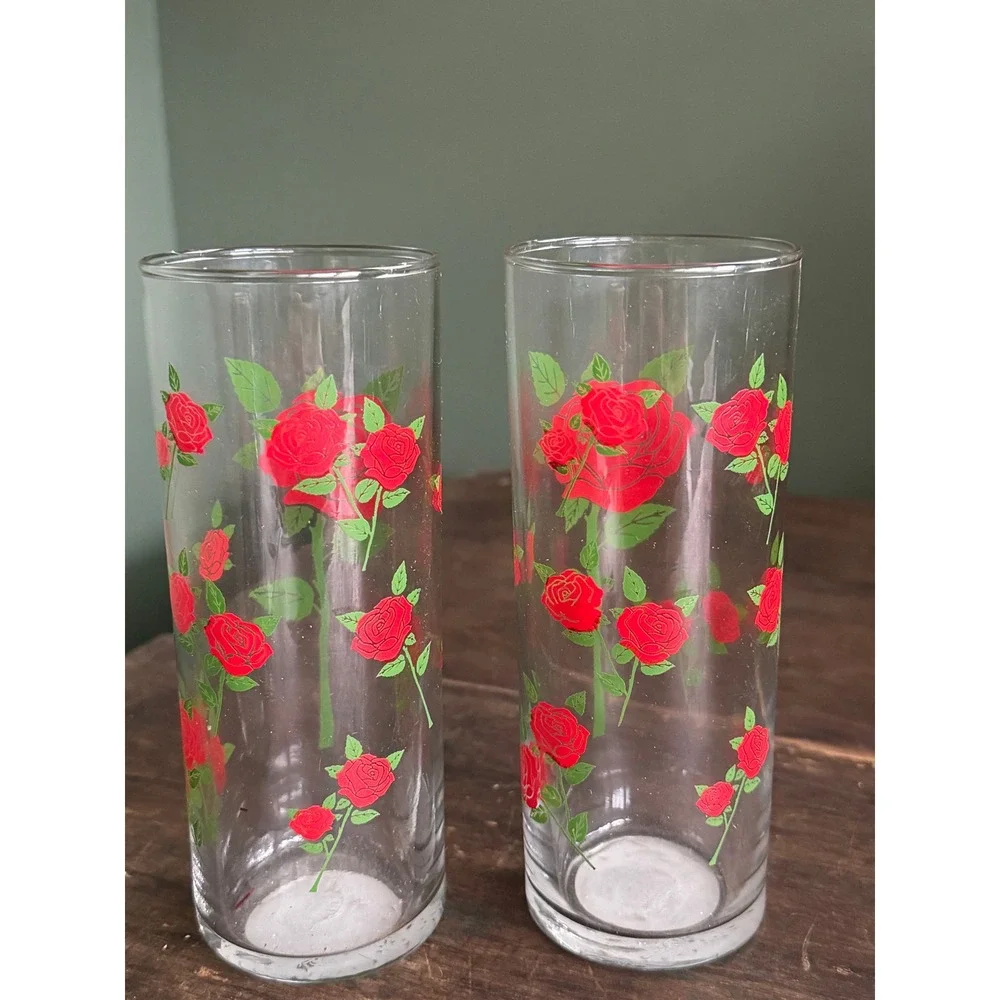 Pair of Anchor Hocking Red Trailing Roses Highball Glasses Tumblers NOS